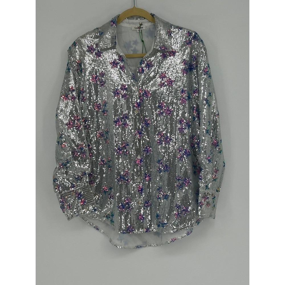 GeeGee Sequin Blouse Womens Medium Celestial Whimsigoth Disco New Years Eve Glam